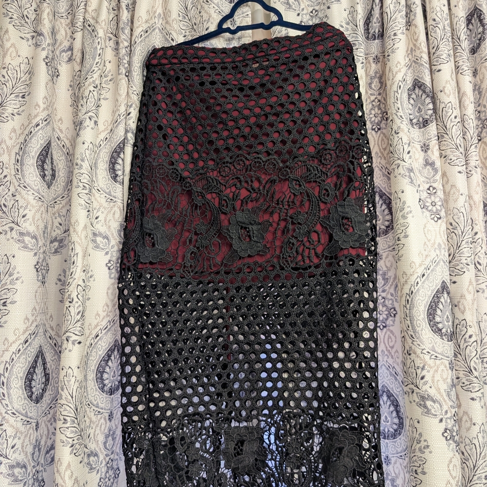 Topshop Black Crochet Midi Skirt with Burgundy Lining